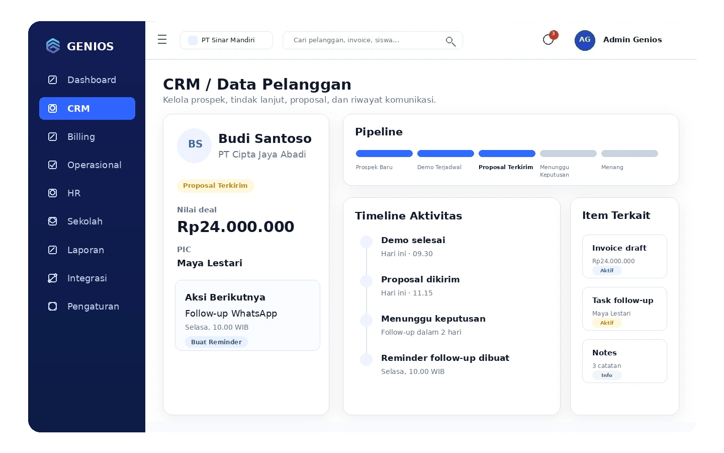 Tampilan CRM dan data pelanggan Genios.