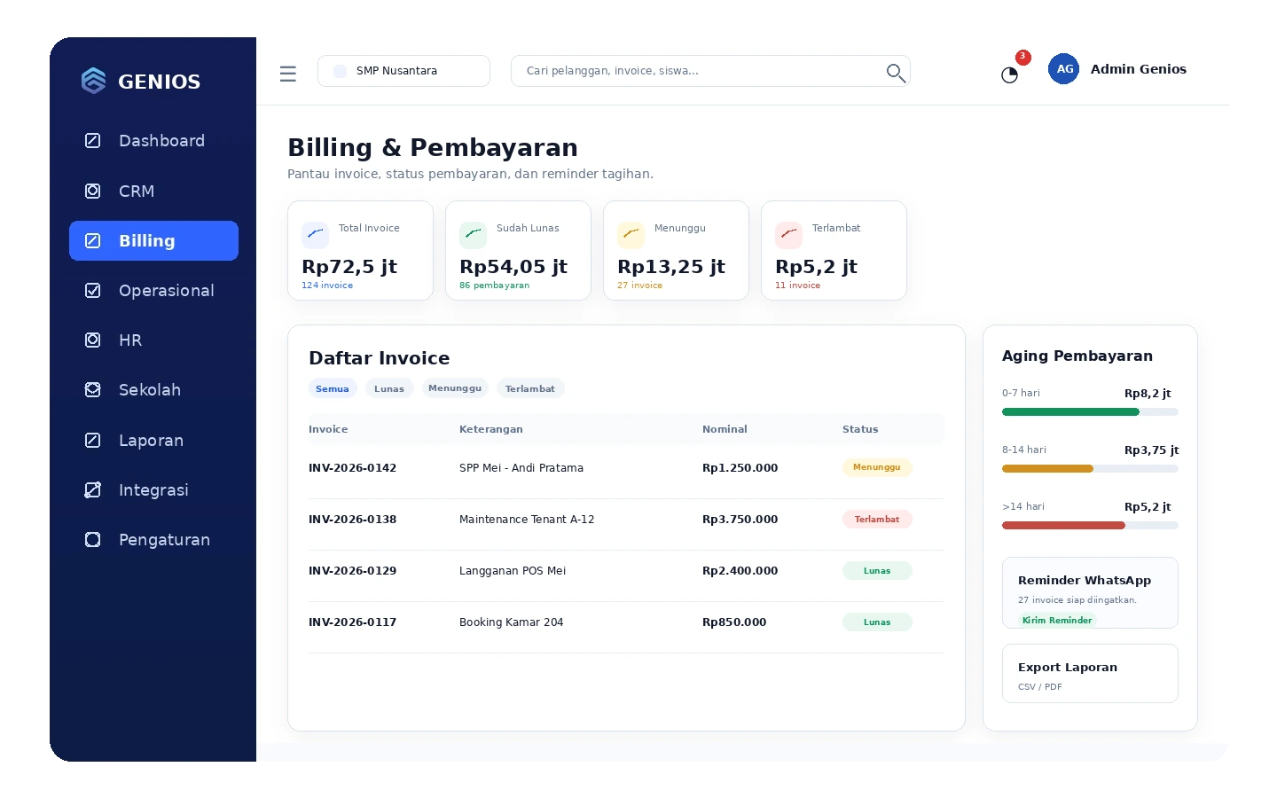 Tampilan billing dan pembayaran Genios.